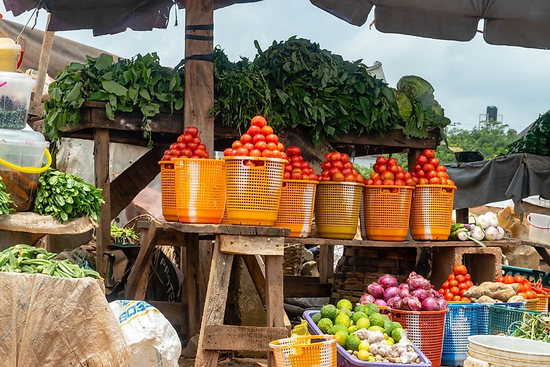 A local market in Nigeria. Nigerians spend on average more than 50% of their income on food. 