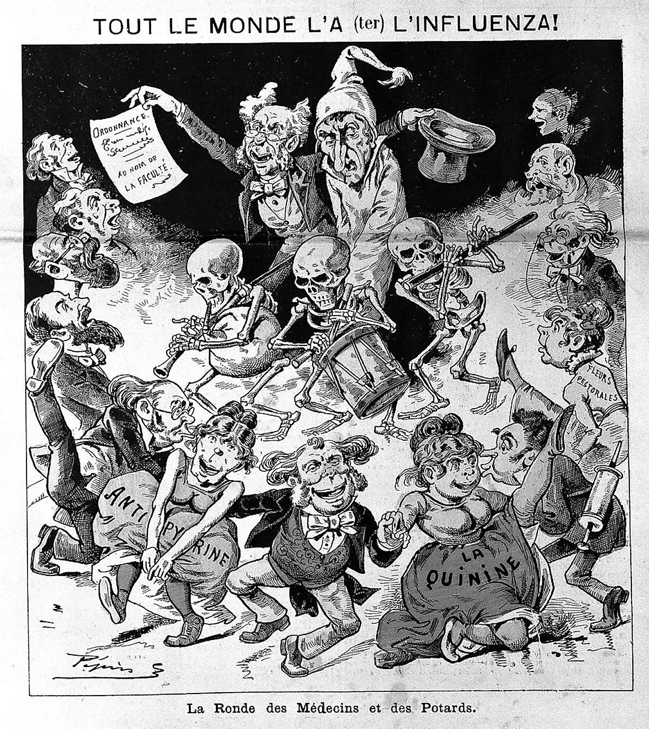 The 12 January 1890, edition of the Paris satirical magazine Le Grelot [fr] depicted an unfortunate influenza sufferer bowled along by a parade of doctors, druggists, skeleton musicians and dancing girls representing quinine and antipyrine