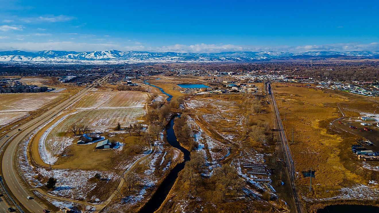 Aerial view of Longmont, Colorado from the St Vrain. 