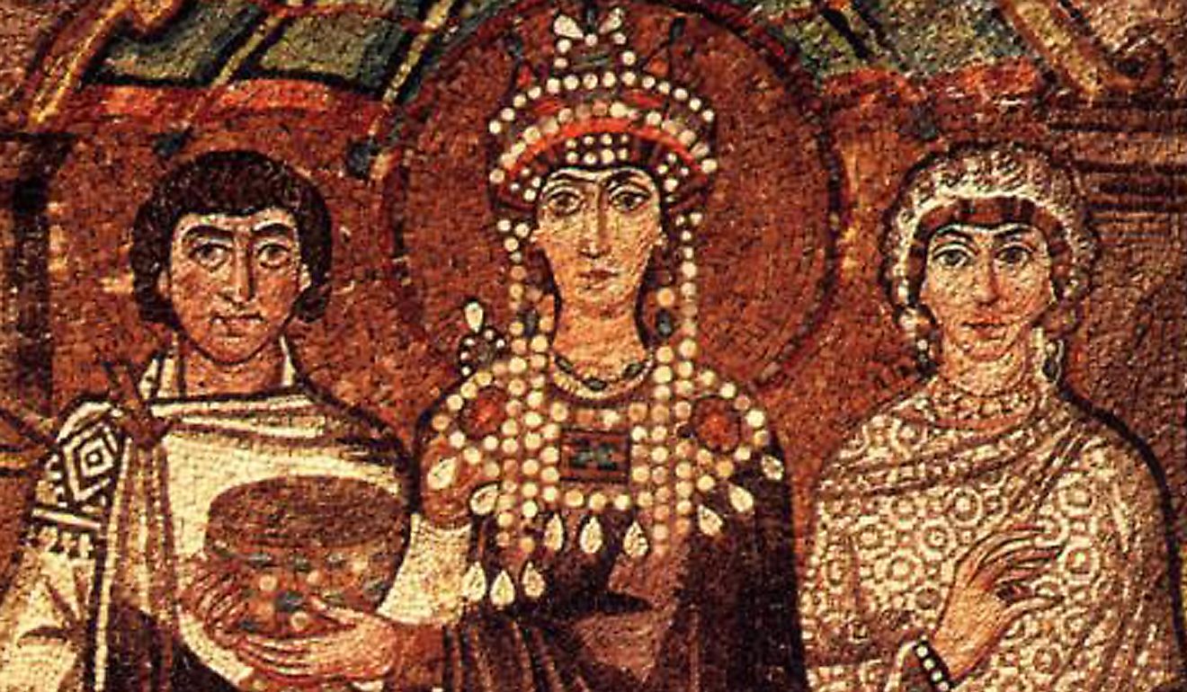 The Empress Theodora, the wife of the Emperor Justinian, dressed in Tyrian purple. In Wikipedia. https://en.wikipedia.org/wiki/Tyrian_purple By http://employees.oneonta.edu/farberas/arth/images/109images/early_christian/san_vitale/theodora.jpg via http://