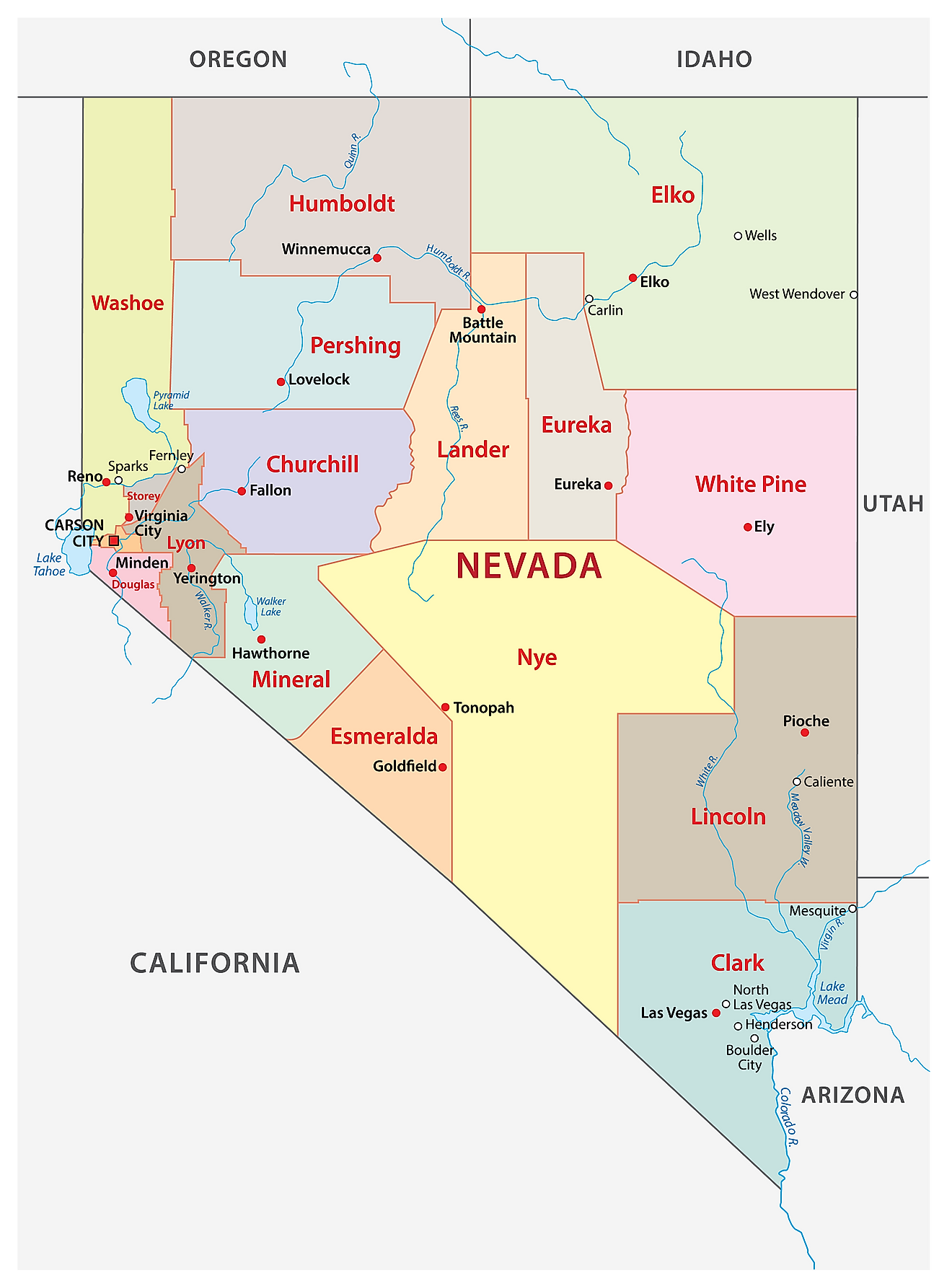 Mapa administrativo de Nevada que muestra sus 17 condados y la ciudad capital: Carson City (oficialmente, el municipio consolidado de Carson City)