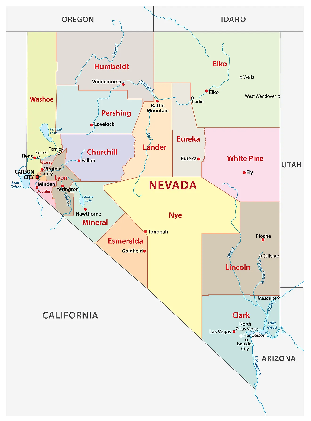 Mapa administrativo de Nevada que muestra sus 17 condados y la ciudad capital: Carson City (oficialmente, el municipio consolidado de Carson City)