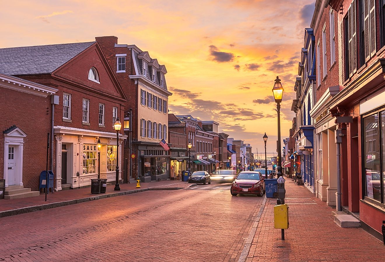 Annapolis, Maryland, USA downtown cityscape on Main Street at dawn.