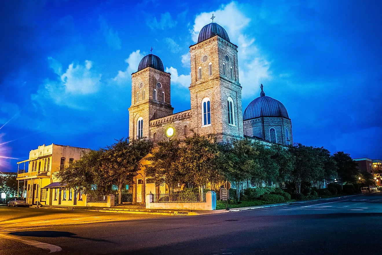 Light trails captured at the Minor Basilica in Natchitoches, Louisiana.