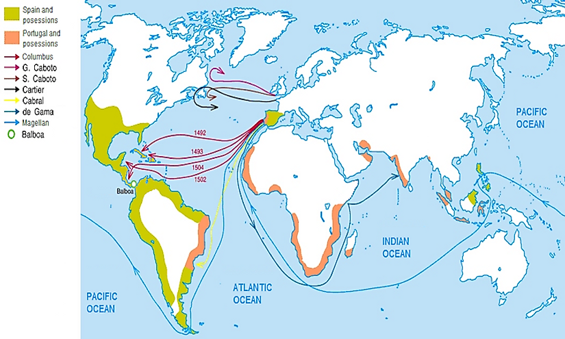 Map with the main travels of the age of discoveries.