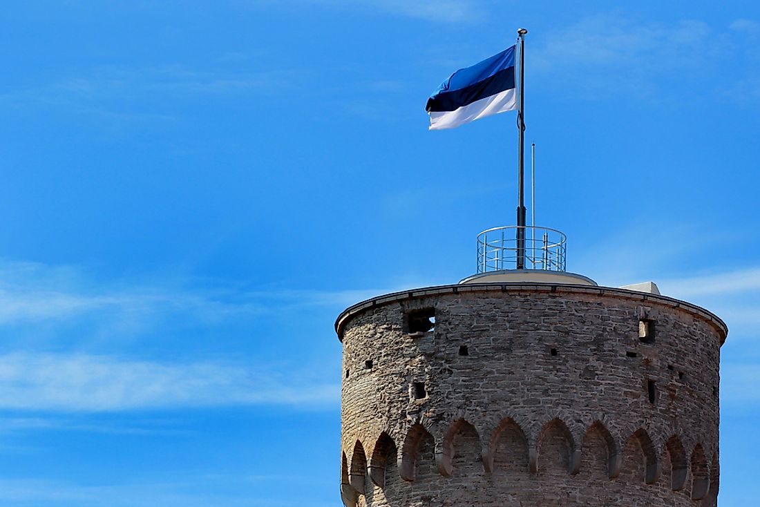 The flag of Estonia in the Old Town of Tallinn. 