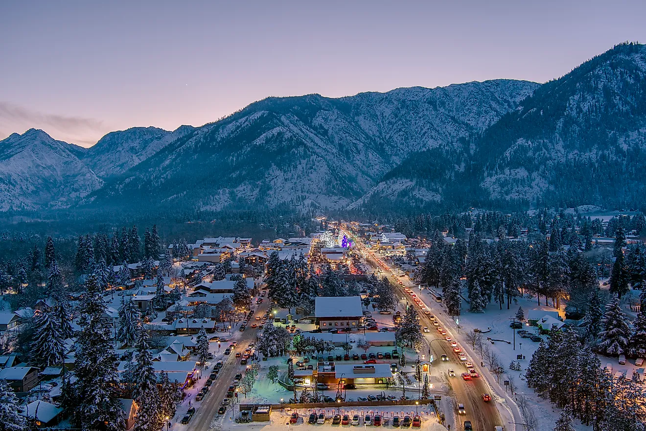 Aerial view of Leavenworth, Washington at sunset in December
