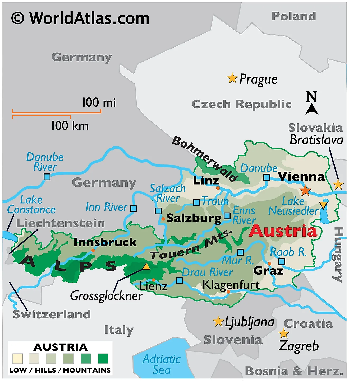 Physical Map of Austria showing terrain, major rivers, extreme points, mountain ranges, Lake Neusiedler, important cities, international boundaries, etc.