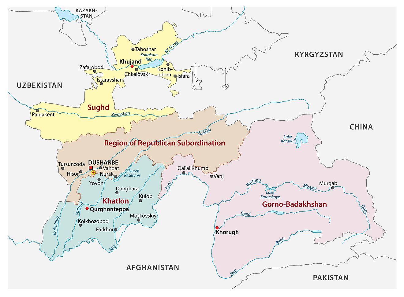 El mapa político de Tayikistán que muestra sus cuatro provincias, sus capitales y la ciudad capital de Dushanbe.