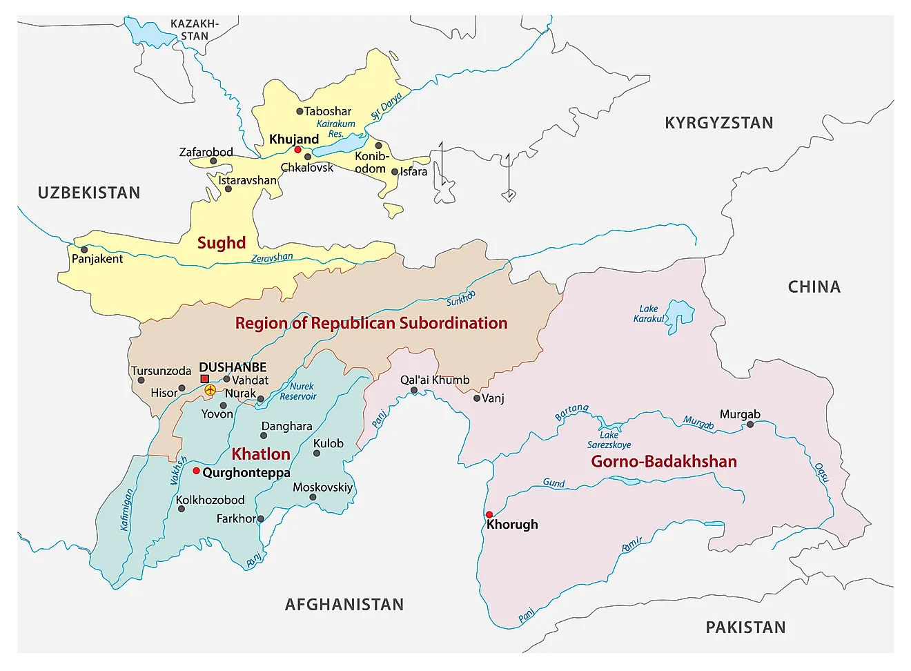 The Political Map of Tajikistan displaying its four provinces, their capitals and the capital city of Dushanbe.