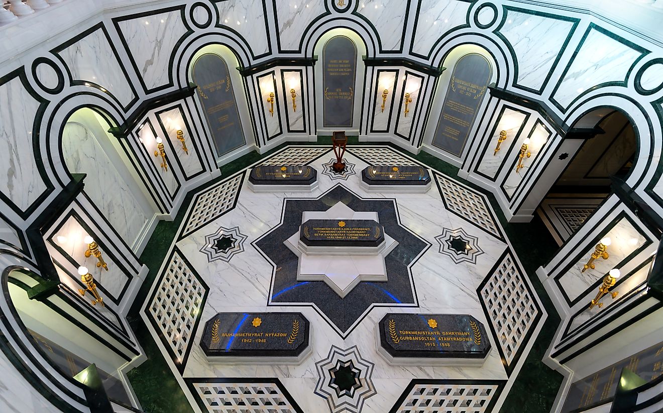 The resting place of Niyazov is a lavish masoleum made of marble and gold. His funeral was attended by prominent figures from countries like the United States and the United Kingdom. Thiago B. Trevisan / Shutterstock.com.