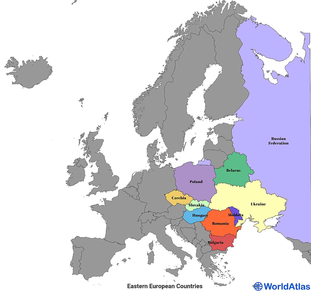 Map of Europe showing the Eastern European Countries.