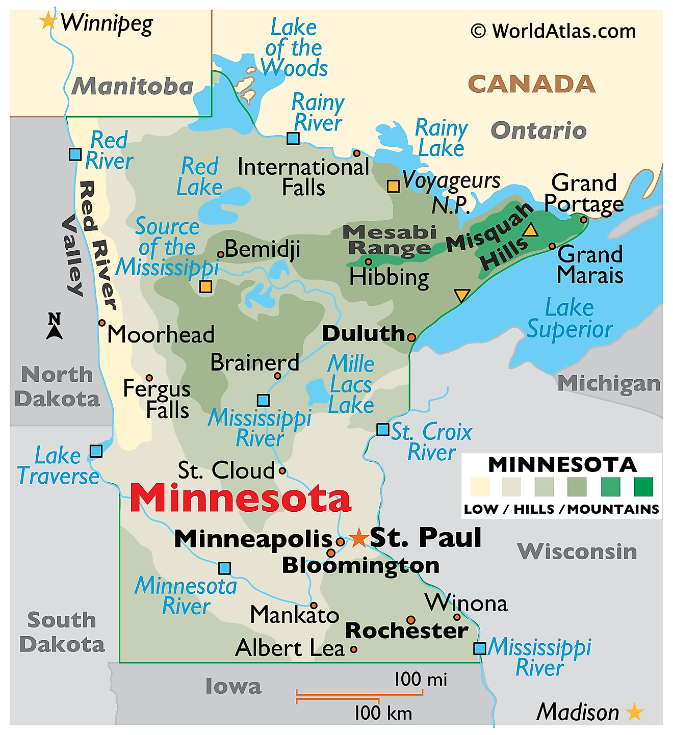 Mapa Físico de Minnesota. Muestra las características físicas de Minnesota, incluidas sus cadenas montañosas, ríos y lagos principales.