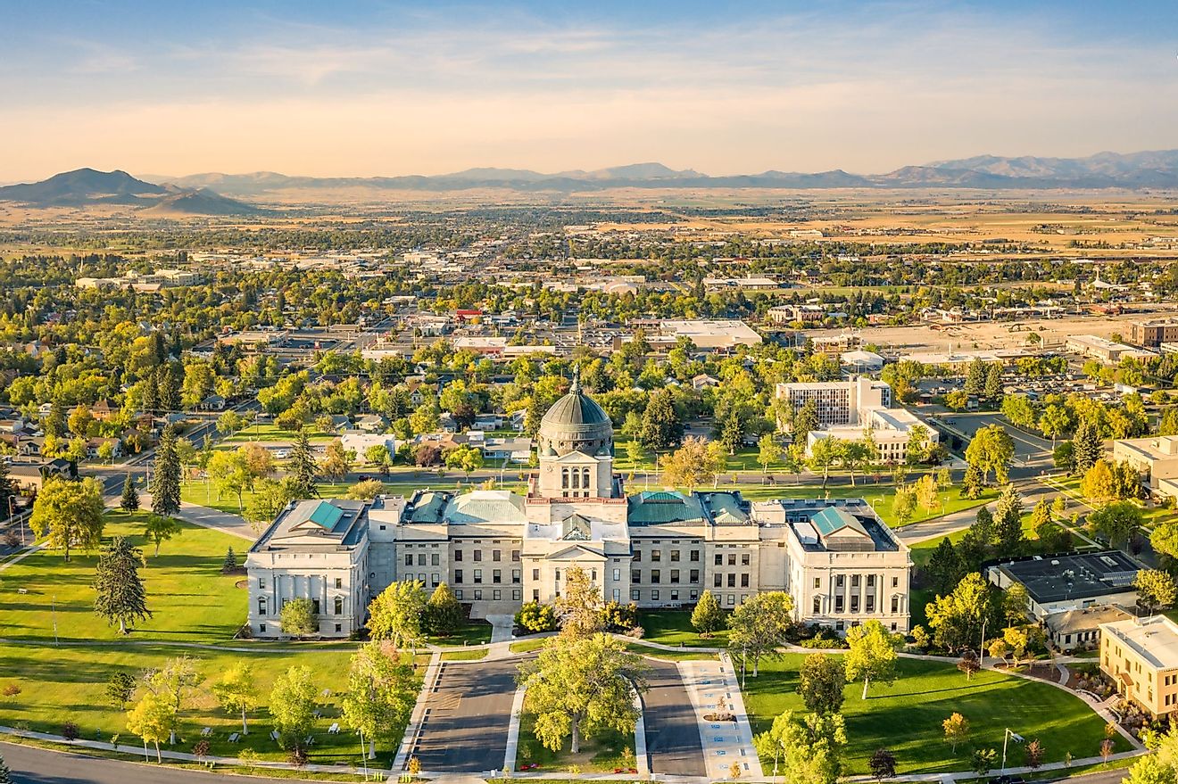 Drone view of Montana's State Capitol in Helena on a sunny afternoon. 