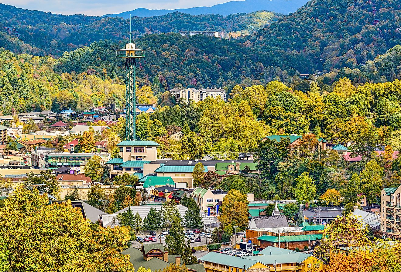 Aerial view of Gatlinburg, Tennessee in autumn.