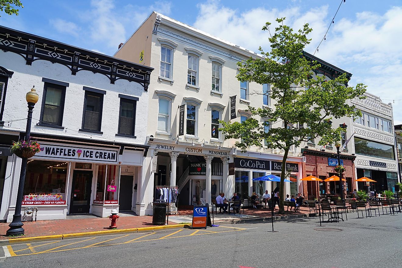 RED BANK, NJ –16 JUL 2020- View of downtown buildings on Broad Street in the town of Red Bank, Monmouth County, New Jersey.