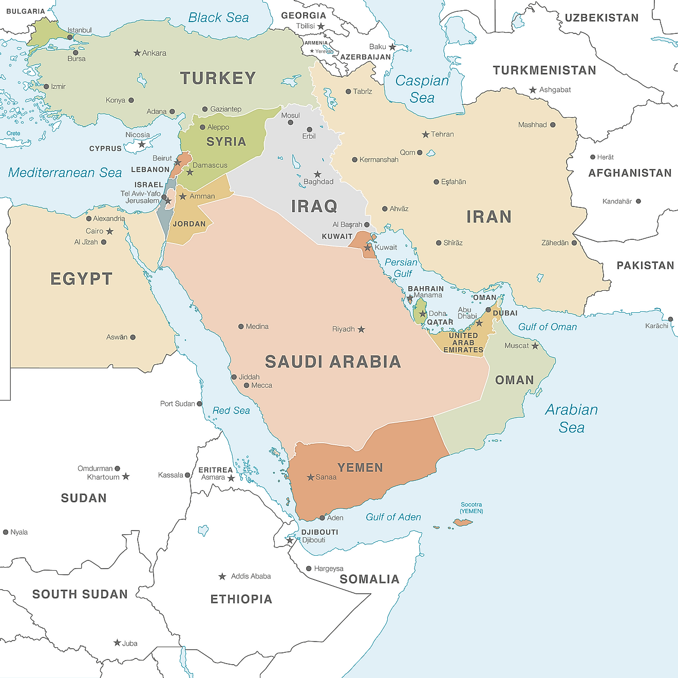 Middle East countries map.