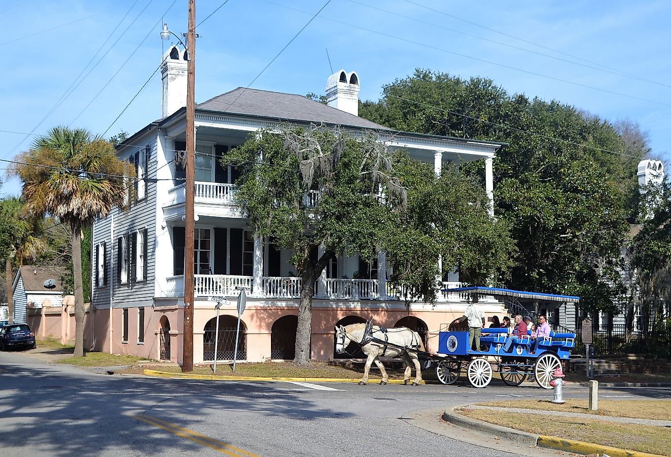 Horse and buggy tour in front of a beautiful antebellum house in Beaufort, South Carolina.