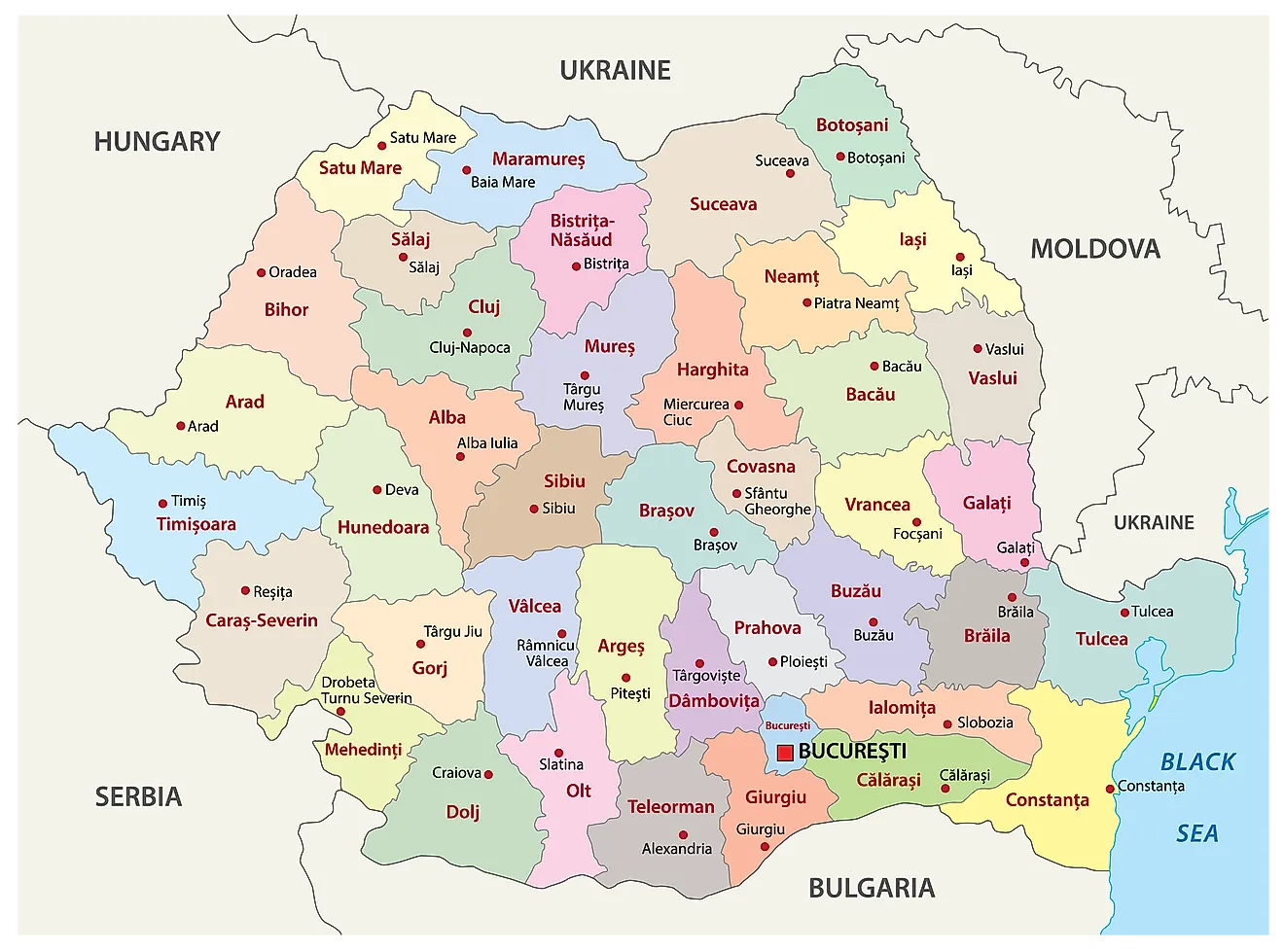 Political Map of Romania showing 41 counties and 1 municipality and the capital city of Bucharest.