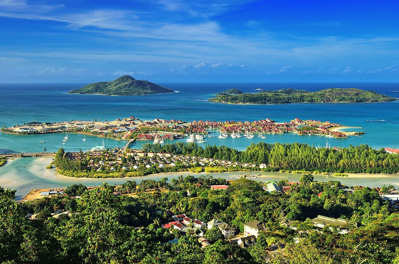 Aerial view on the coastline of the Seychelles Islands and luxury Eden Island from Victoria viewpoint, Mahe.