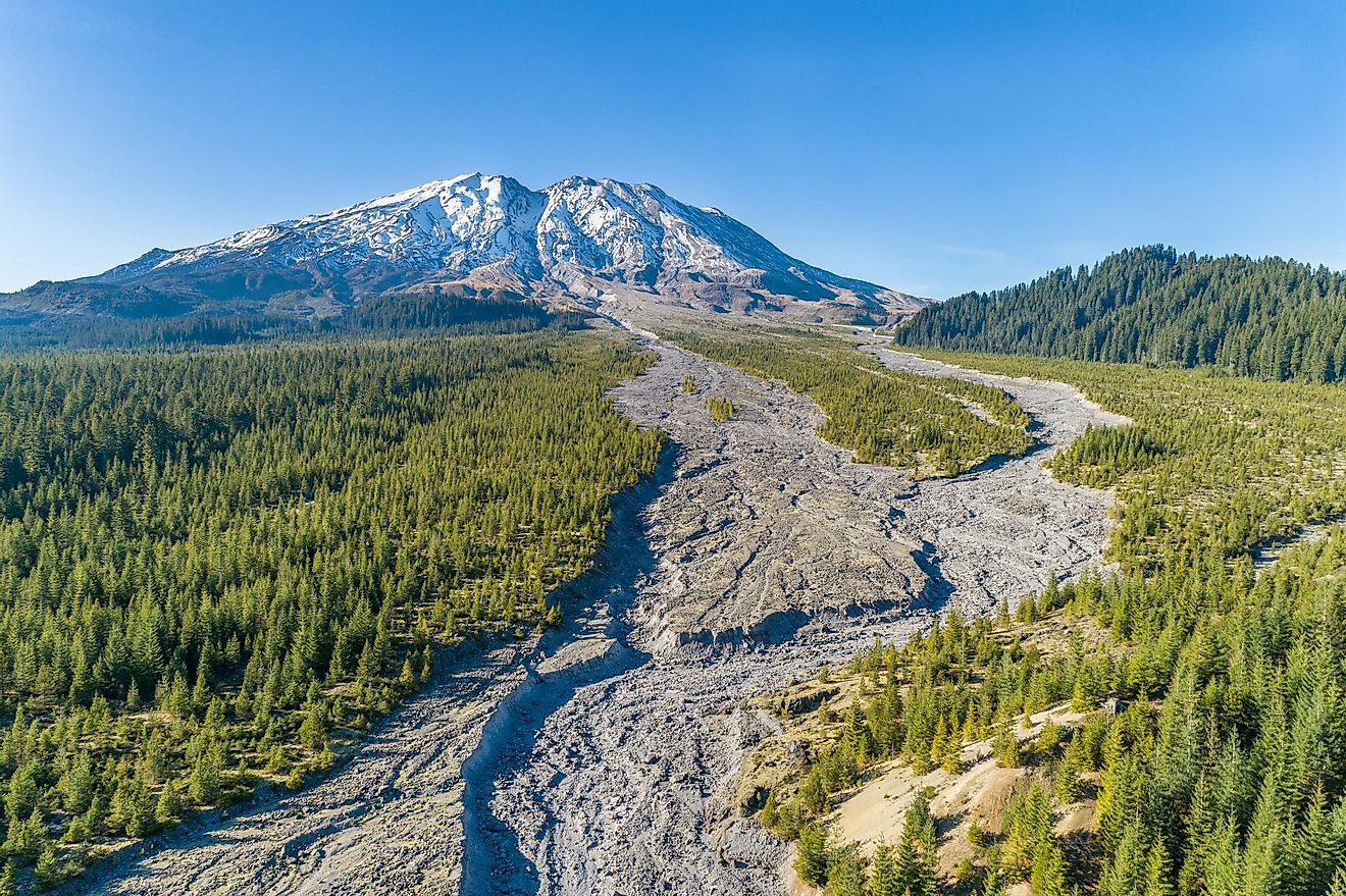 Aerial shot of tree-lined river sediment deposited during a 1980 Mount St. Helens lahar
