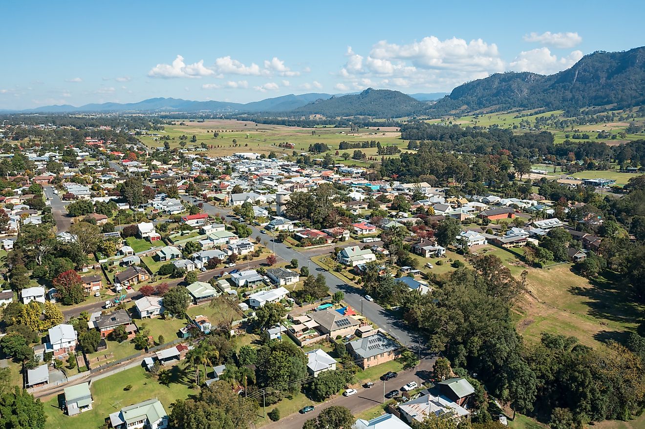 Aerial view of the picturesque town of Gloucester in New South Wales, Australia.
