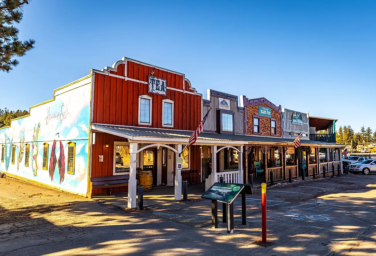 Colorful storefronts and market buildings line the street in Cloudcroft, New Mexico. Editorial credit: Photo Spirit / Shutterstock.com