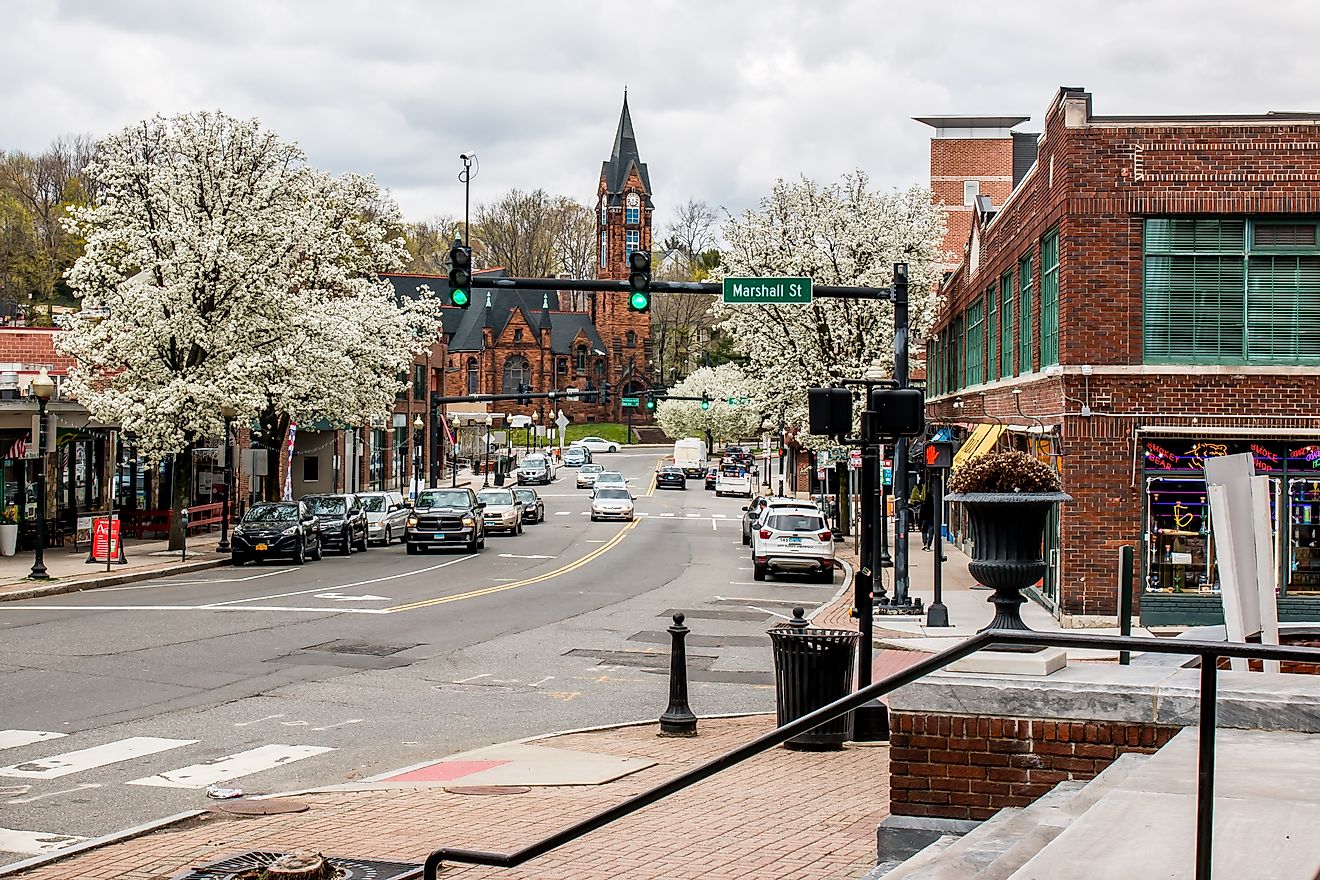 A lively picture of the Main Street in Norwalk, Connecticut. Editorial credit: Miro Vrlik Photography / Shutterstock.com.
