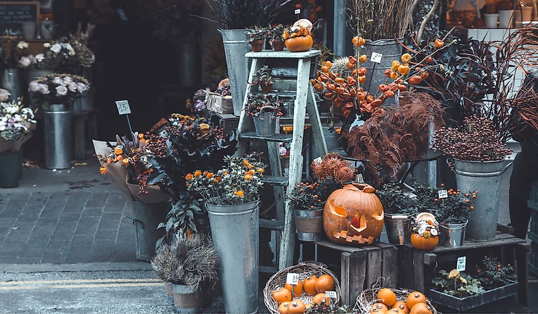 Pumpkins and fall flowers for sale in London, England.