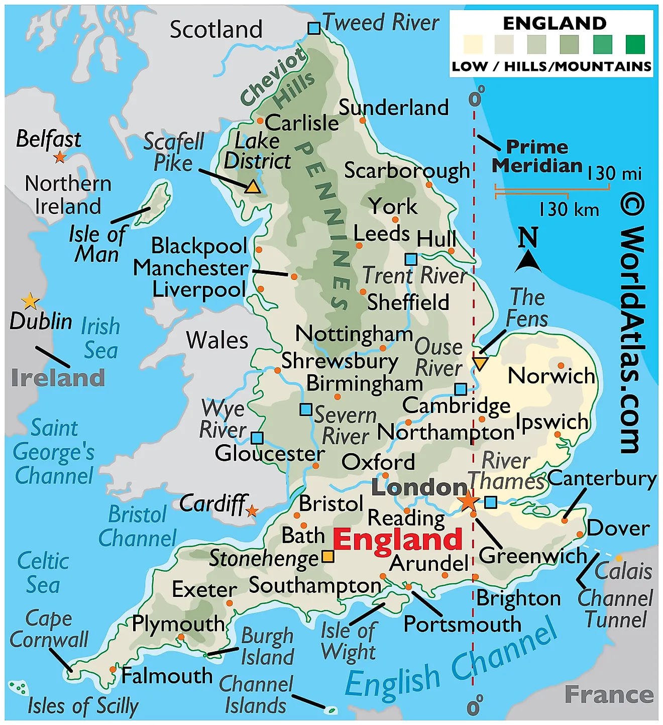 Physical Map of England. It shows the physical features of England, including mountain ranges, important rivers, and major lakes.