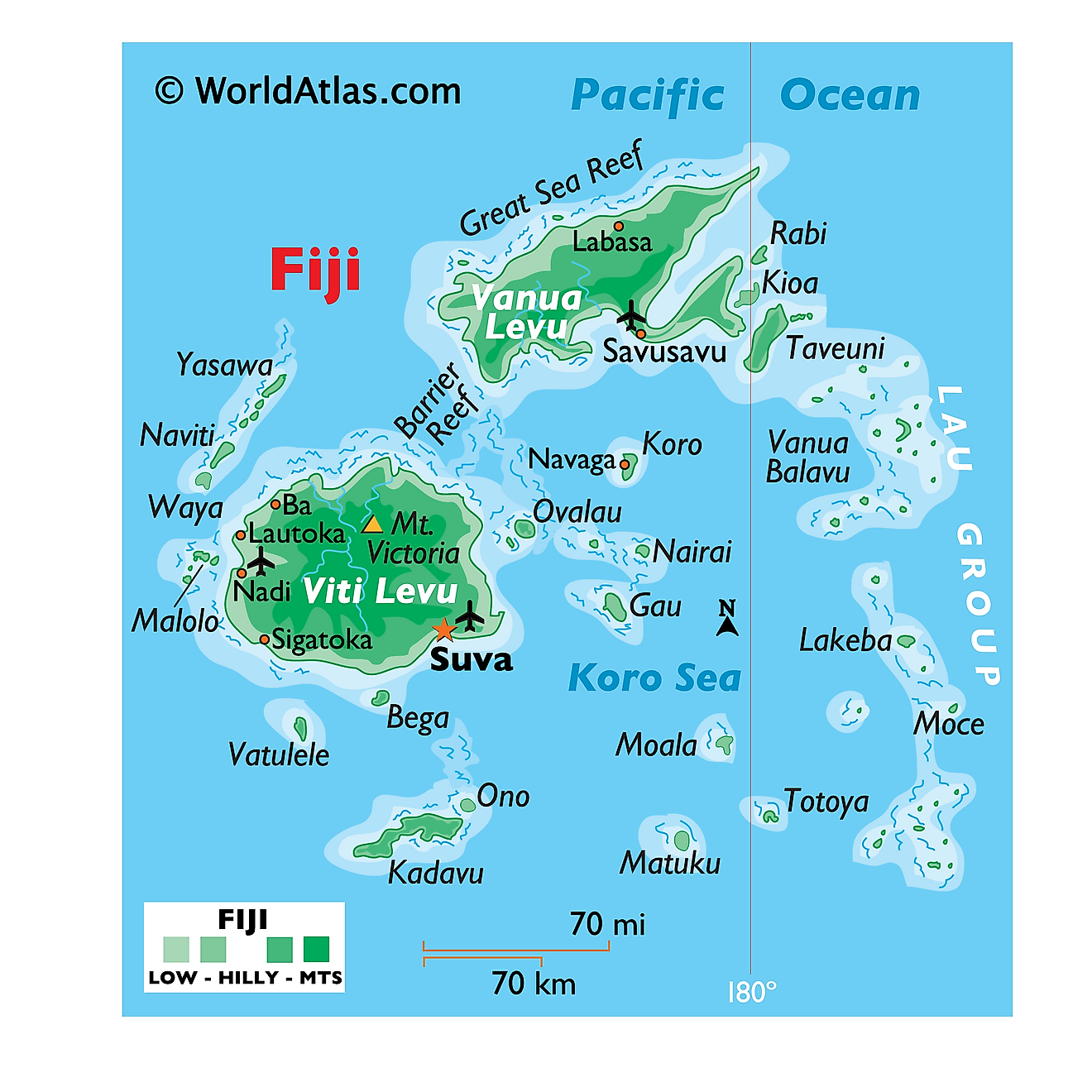 Physical Map of Fiji showing islands, relief, Mount Victoria, important settlements, etc.