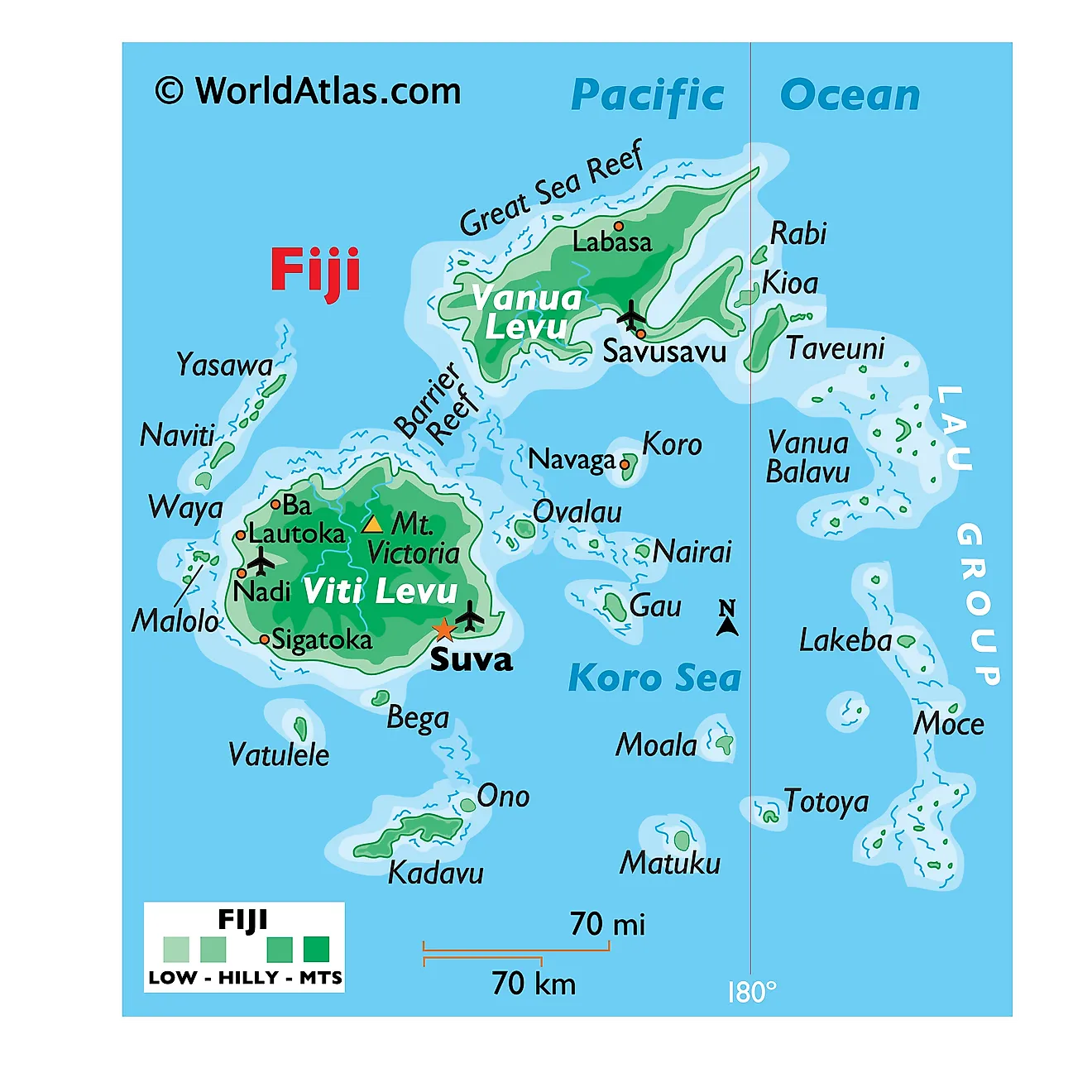 Physical Map of Fiji showing islands, relief, Mount Victoria, important settlements, etc.