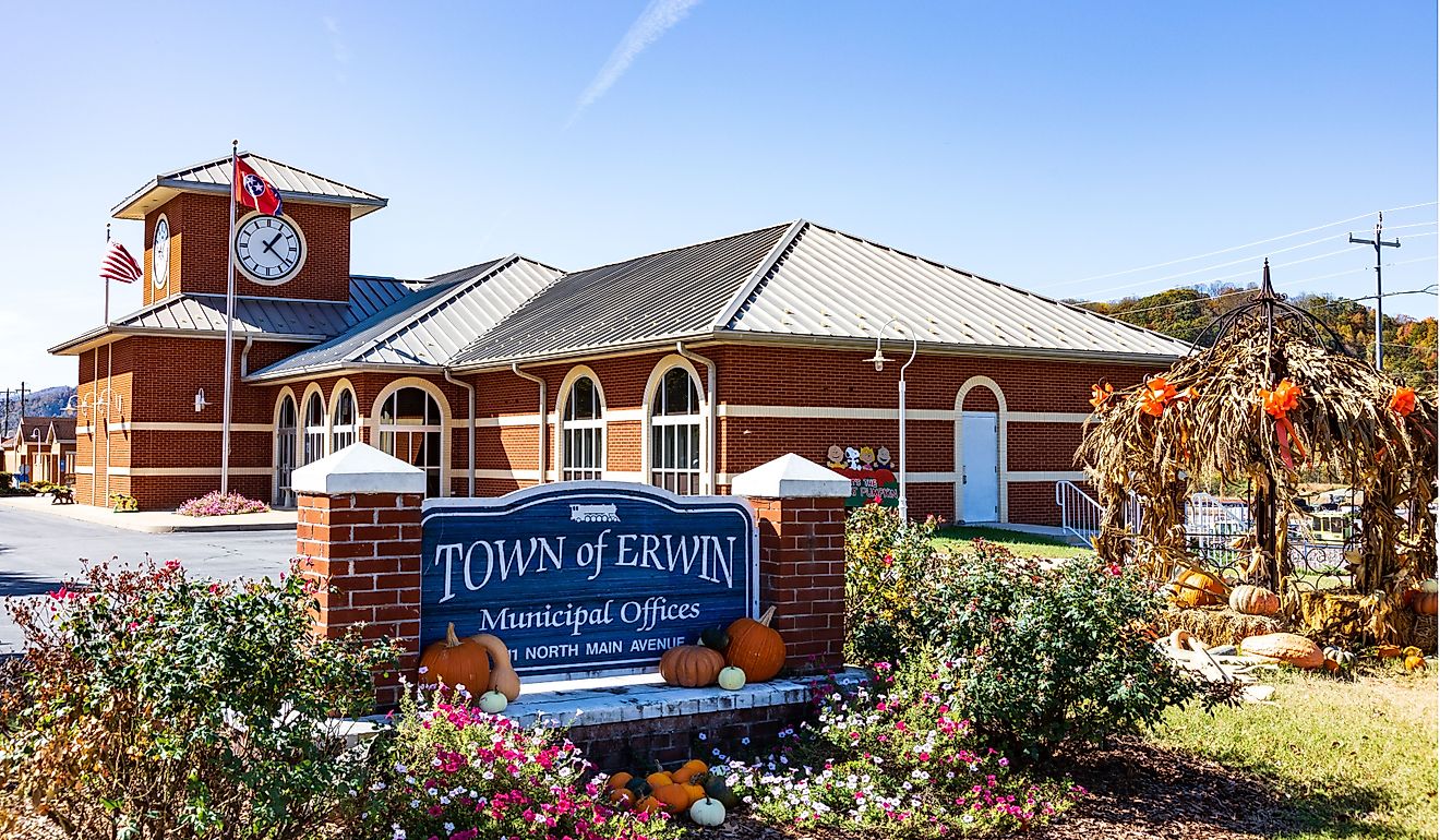 Town office building and sign in Erwin, TN. Editorial credit: J. Michael Jones / Shutterstock.com