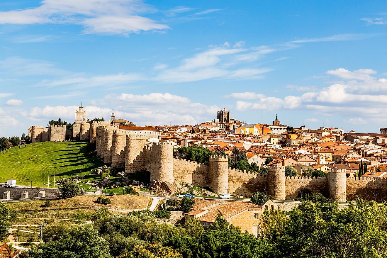 Panoramic view of the historic city of Avila from the Mirador of Cuatro Postes, Spain, with its famous medieval town walls. 