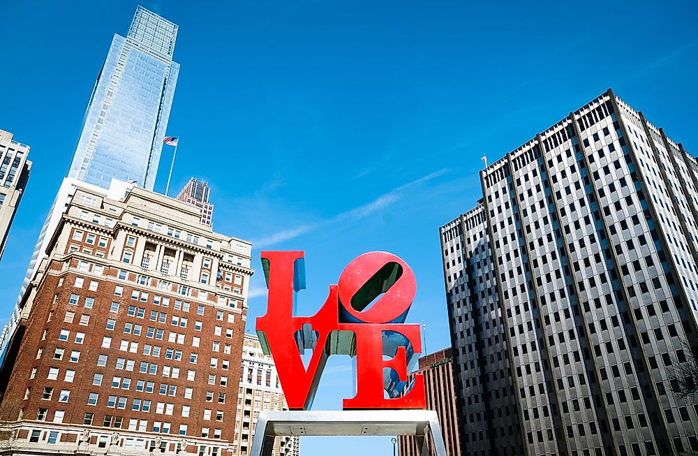 Downtown Philadelphia with its iconic "LOVE" sign. 