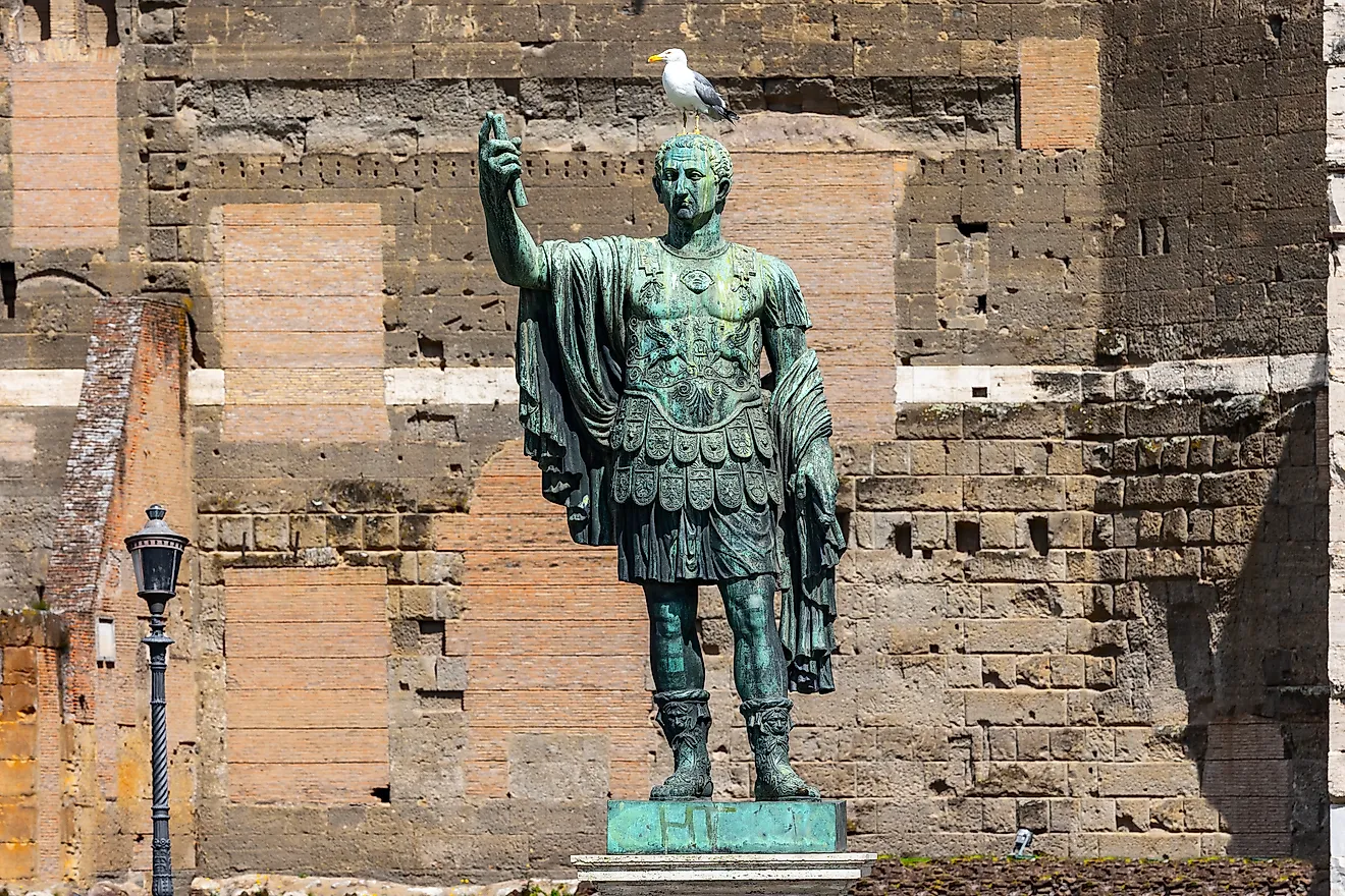 Statue of the Emperor Octavian at the Roman Forum with a seagull on his head.