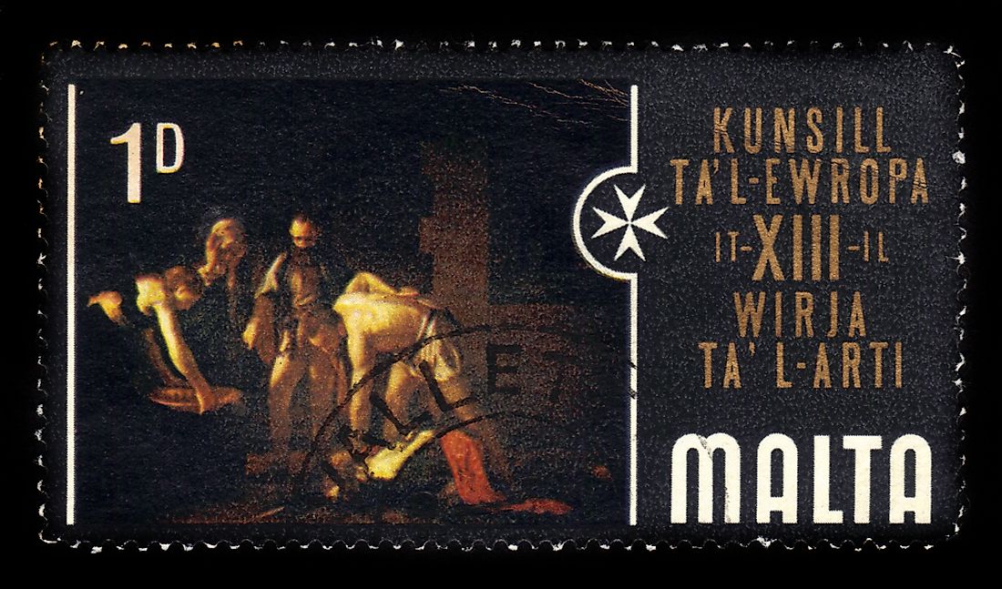 A stamp depicting Caravaggio's The Beheading of Saint John the Baptist.  Editorial credit: irisphoto1 / Shutterstock.com