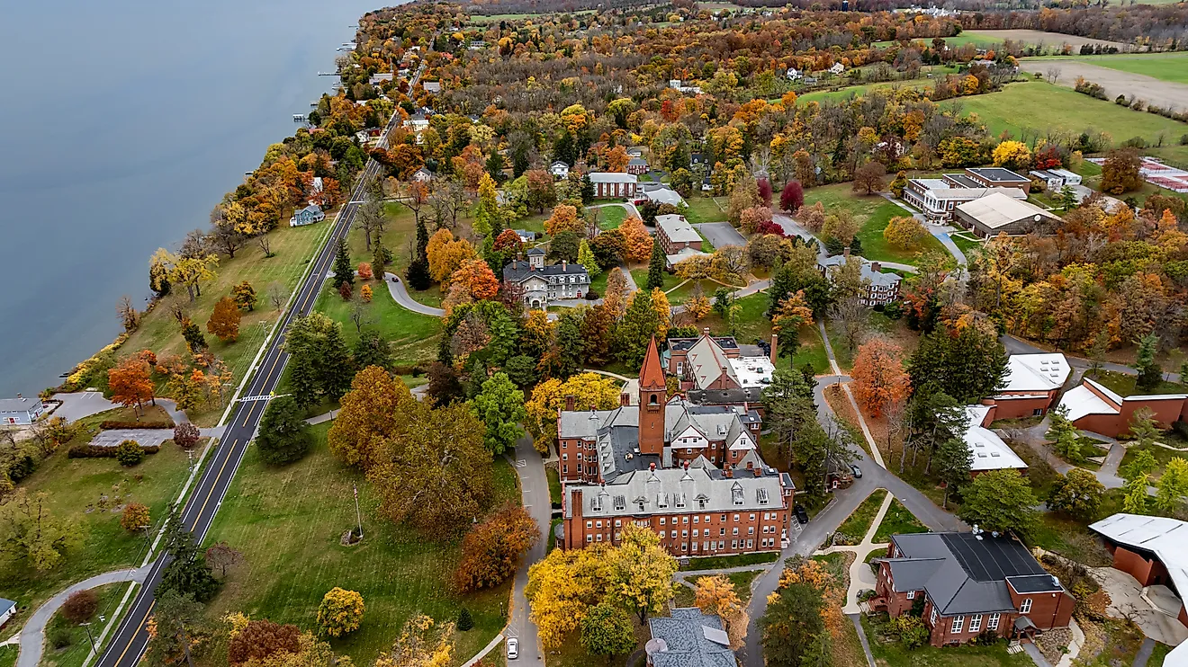 Aerial view of fall foliage around the Village of Aurora in Cayuga County, New York
