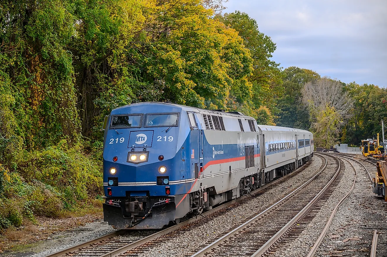 Peekskill, NY USA 10-31-2023 - Metro-North P32AC-DM leading a Northbound Commuter Service at Peekskill, NY - Editorial Photo Credit: Krtz07 Shutterstock. 