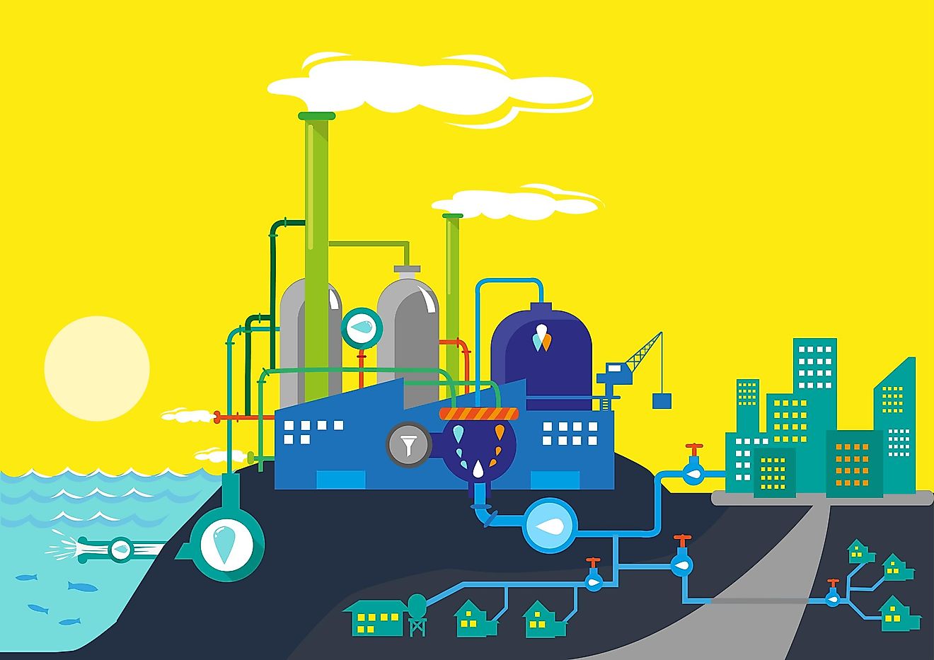 An illustration of a desalination plant. 