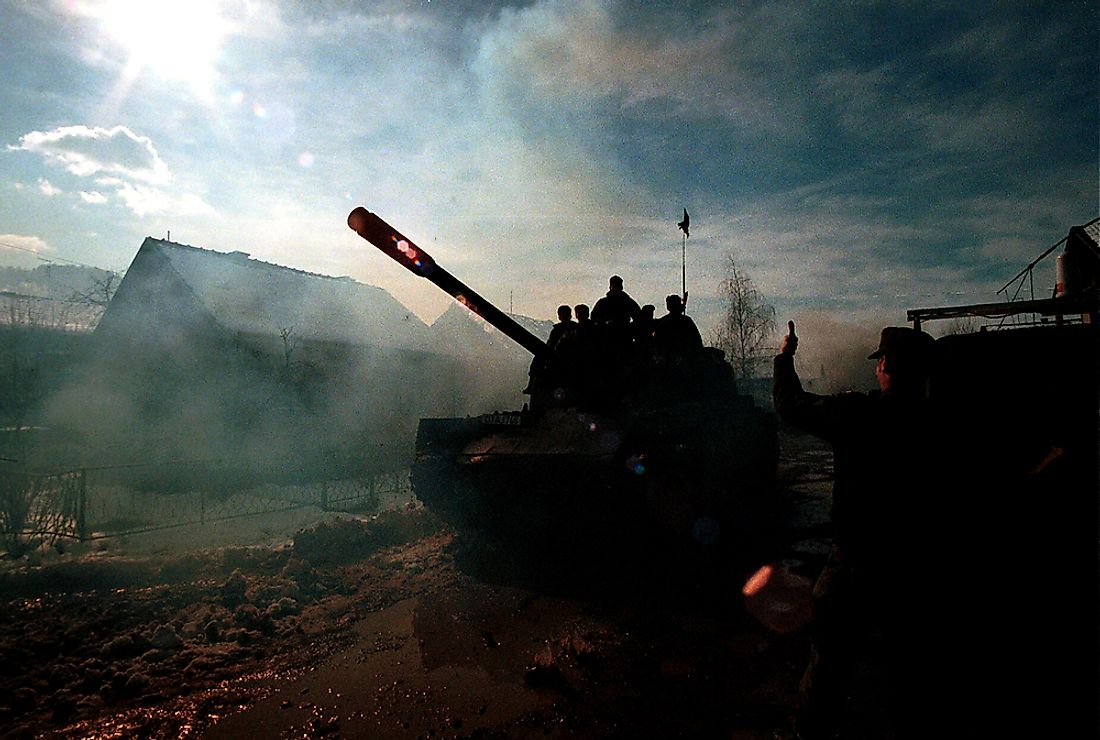 Bosnian Serb tank passes through Modrica, Bosnia on January 8, 1993.  Editorial credit: Northfoto / Shutterstock.com