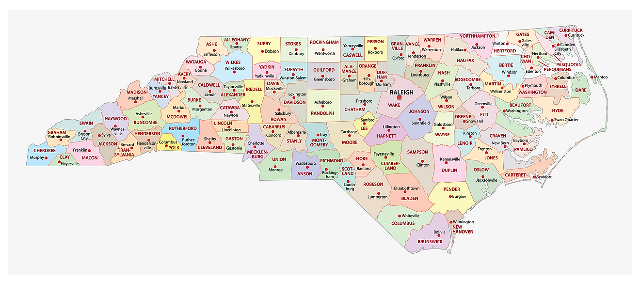 Mapa administrativo de Carolina del Norte que muestra sus 100 condados y la ciudad capital - Raleigh