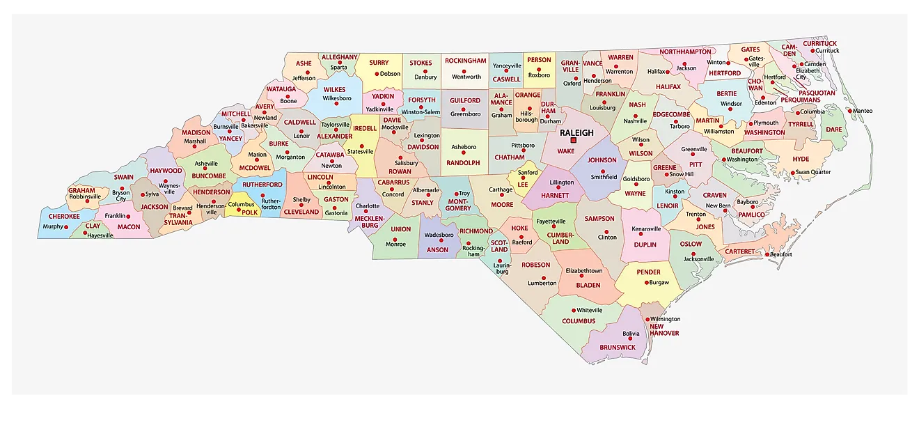 Administrative Map of North Carolina showing its 100 counties and the capital city - Raleigh.