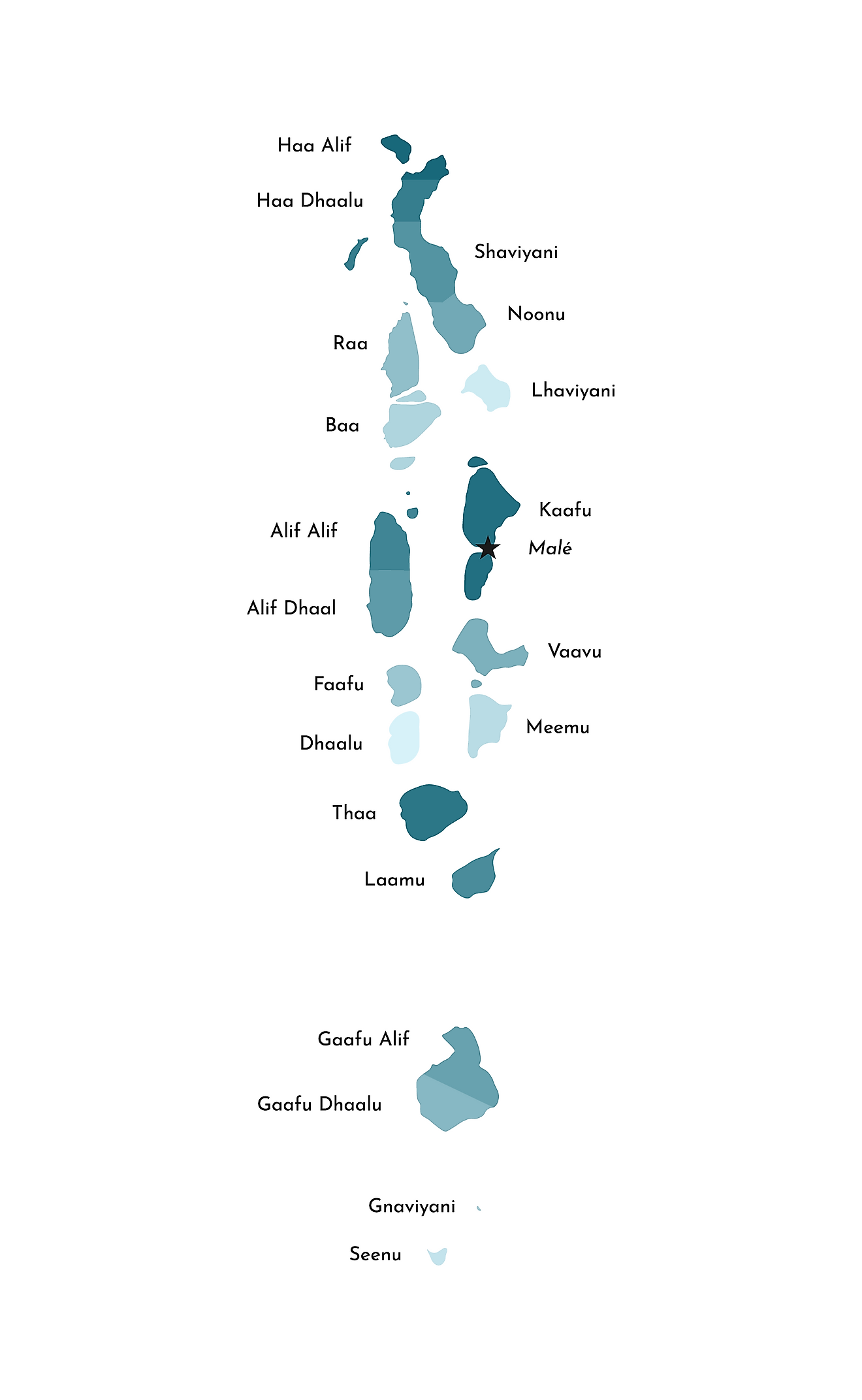 El Mapa Político de Maldivas mostrando sus 21 atolones.