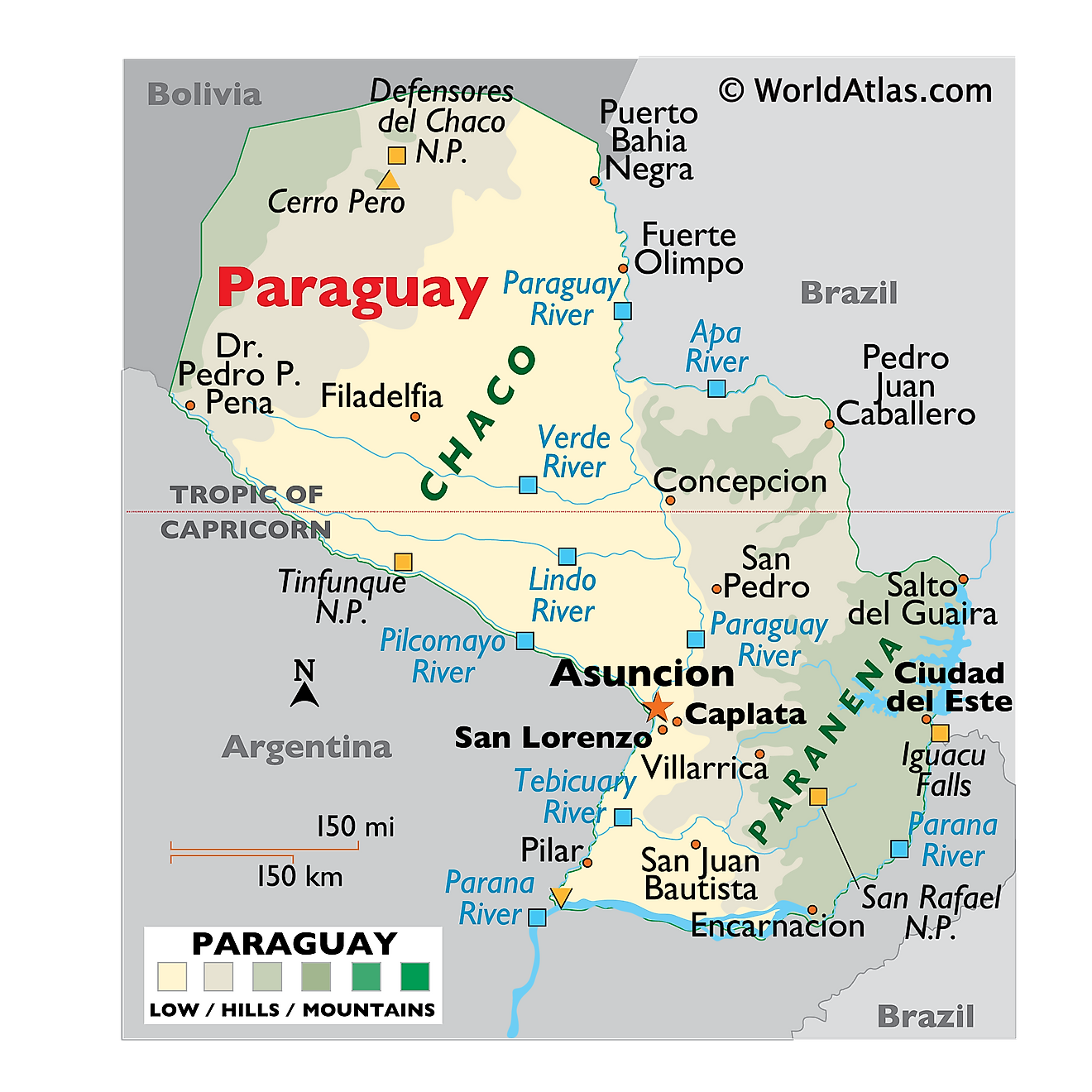 Mapa físico de Paraguay que muestra el relieve, los principales ríos, las regiones geográficas, las áreas protegidas, los asentamientos importantes, los países limítrofes, etc.