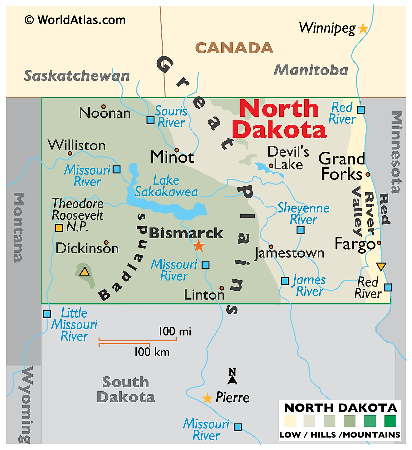 Mapa Físico de Dakota del Norte. Muestra las características físicas de Dakota del Norte, incluidas sus cadenas montañosas, los principales ríos y lagos. 
