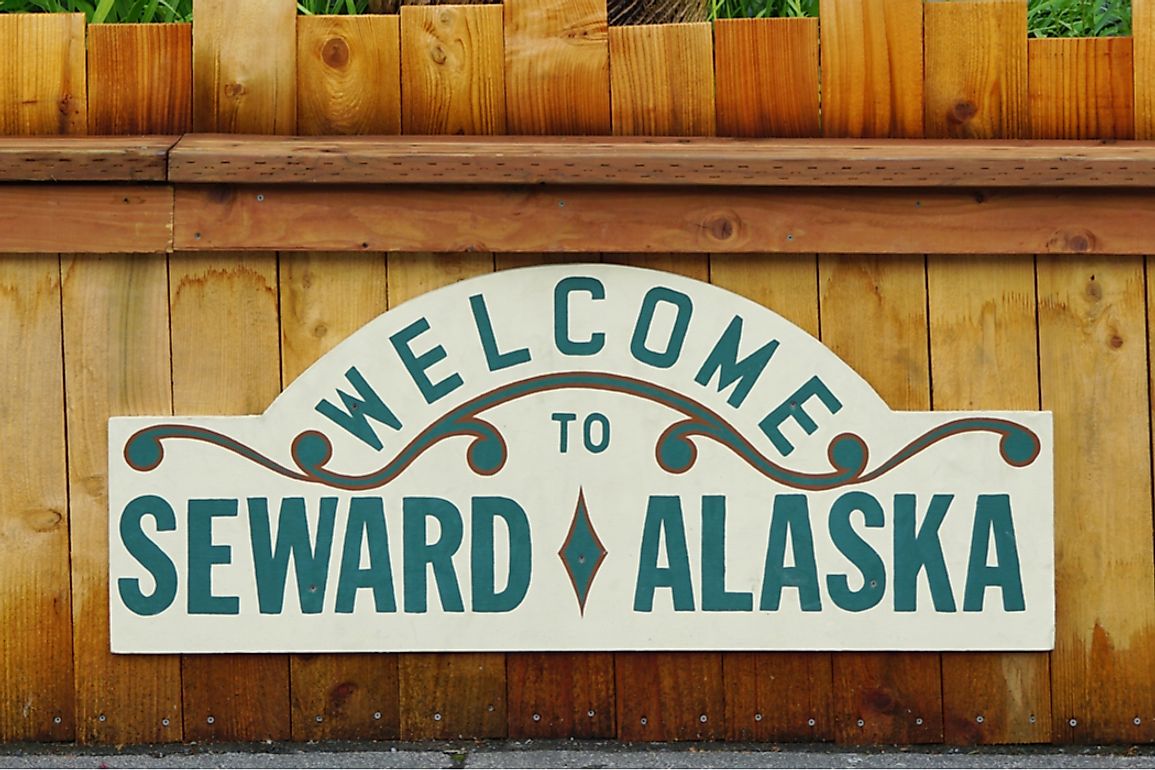 Welcome sign to the town of Seward, Alaska named for William H. Seward who negotiated the Alaska Purchase. Editorial credit: EQRoy / Shutterstock.com