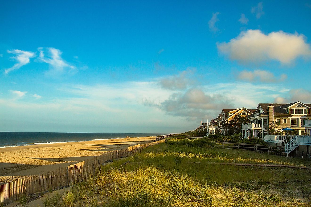 View of waterfront homes and the beach at Bethany Beach, Delaware.