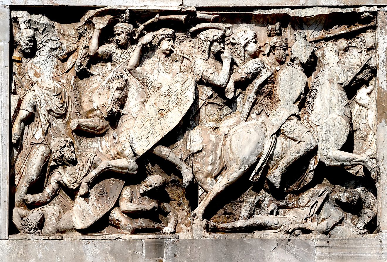 Fight scene on a relief of the Arch of Constantine, Rome, Italy.