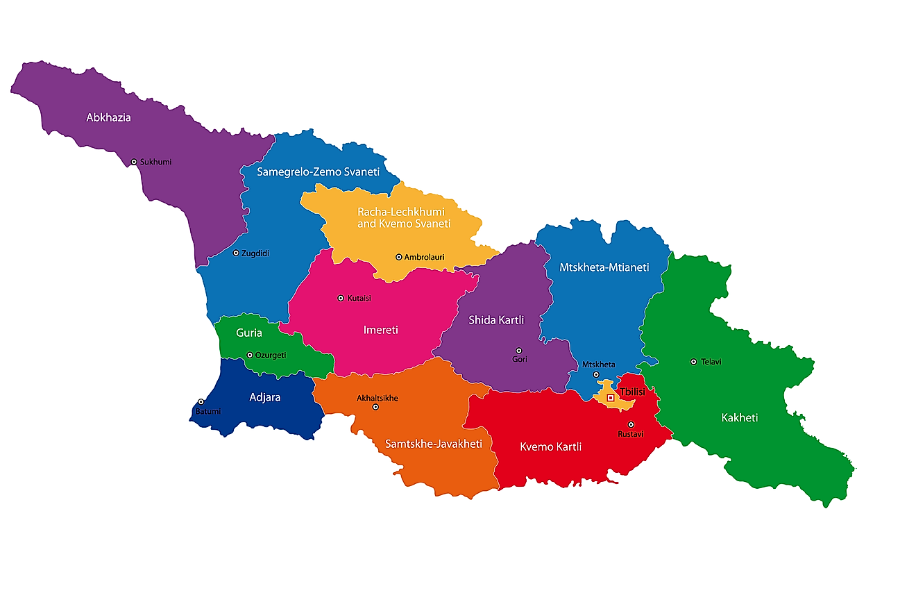 Political Map of Georgia showing its 9 regions, 1 city and 2 autonomous republics including the capital city of Tbilisi. 